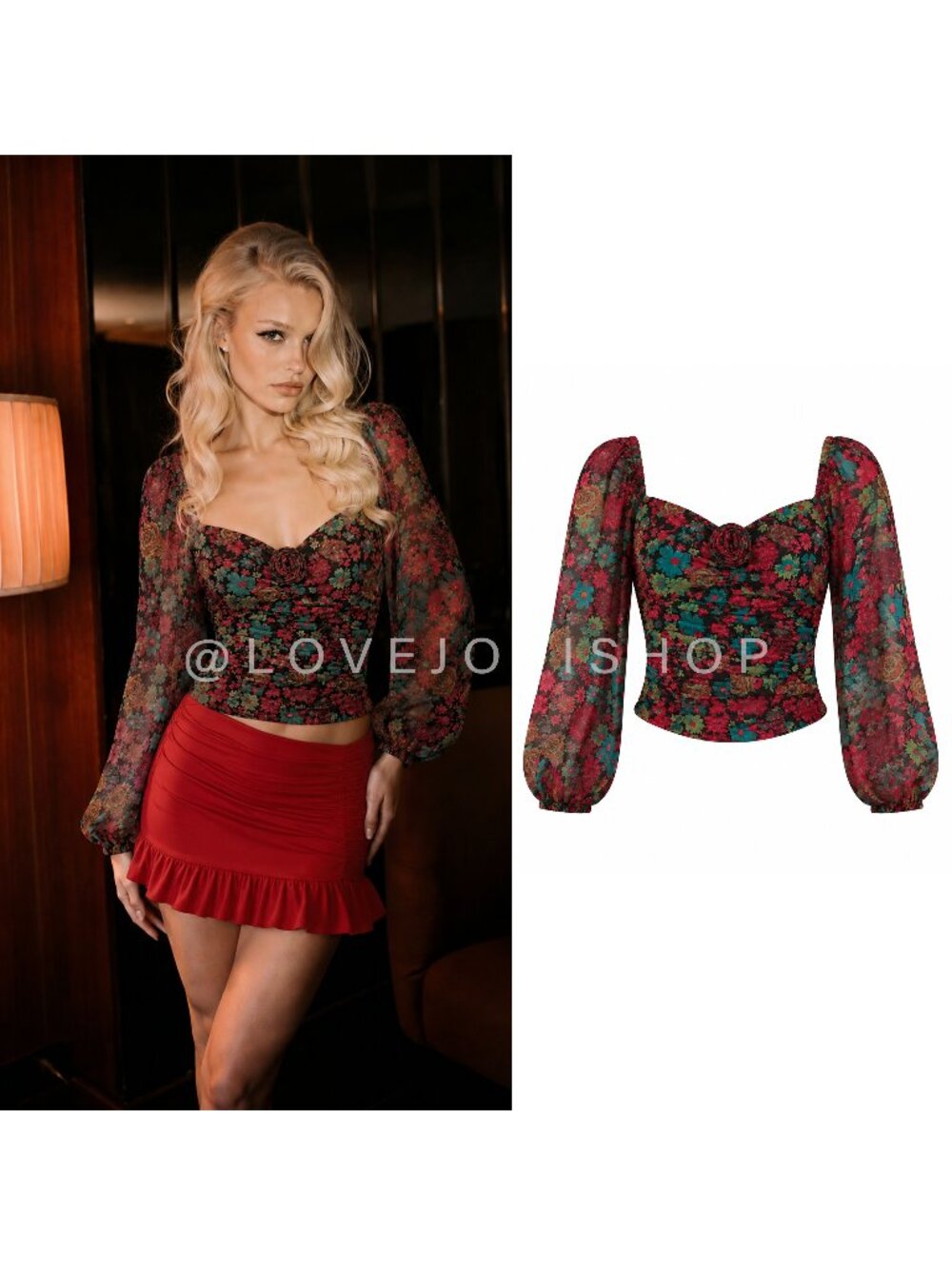 Feminine | Free People Floral Rosette Cropped Top | Sheer Statement Sleeve | XS